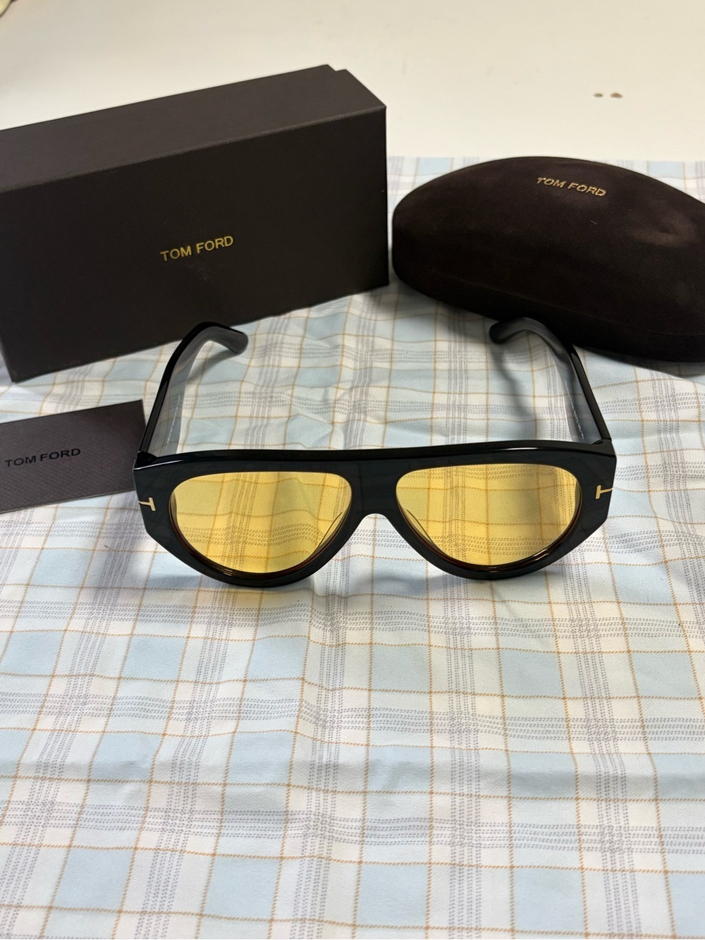 Tom Ford Men's Black Frame Sunglasses with Yellow Lenses and Gold T-Logo